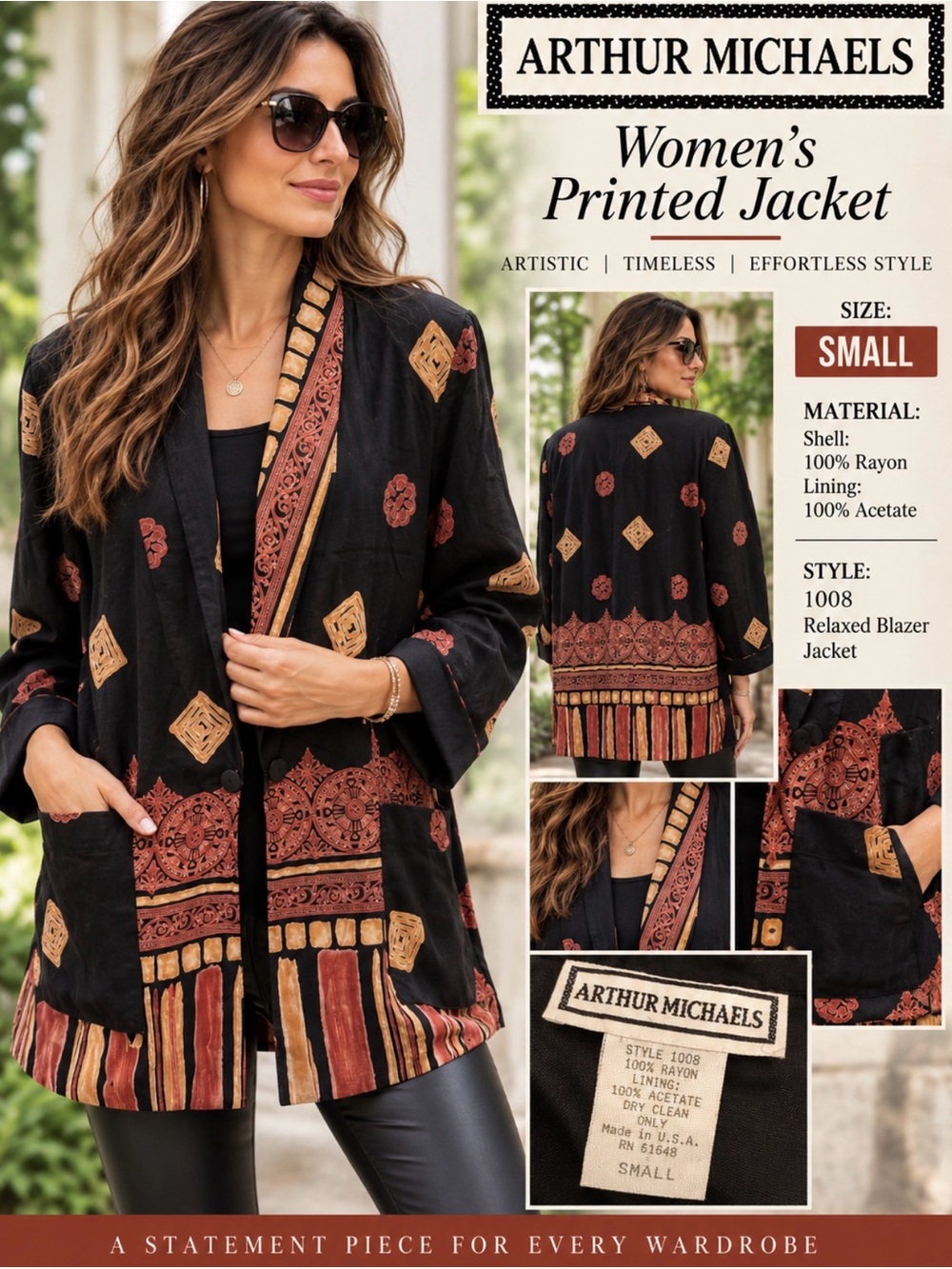 Arthur Michaels Women's Geometric Long Blazer Relaxed Pockets S Dry Clean USA